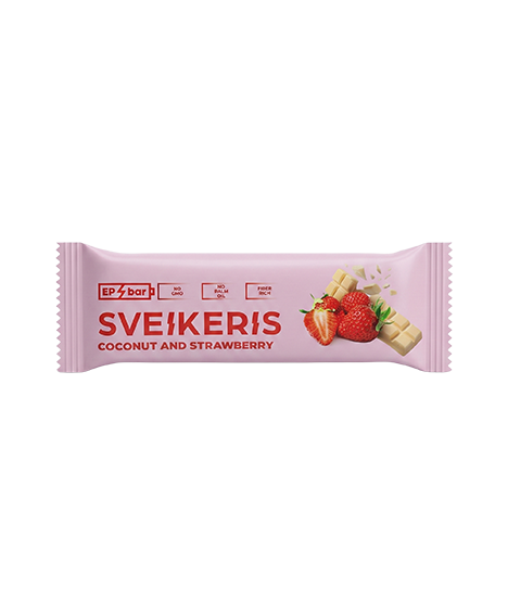 Epbar Sveikeris Braškių-Kokosų Batonėlis Su Ryžių Traškučiais Aplietas Baltuoju Šokoladu, 50 g (10 vnt.)